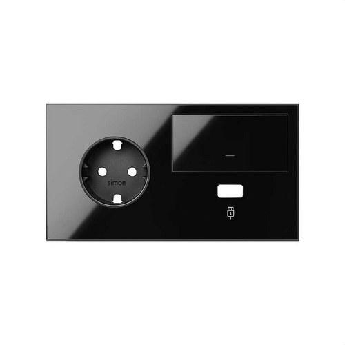 Přední sada pro 2 prvky s 1 zásuvkou schuko, 1 klávesou a 1 USB nabíječkou vlevo bílá matná Simon 100 s referencí 10020207-138 od značky SIMON